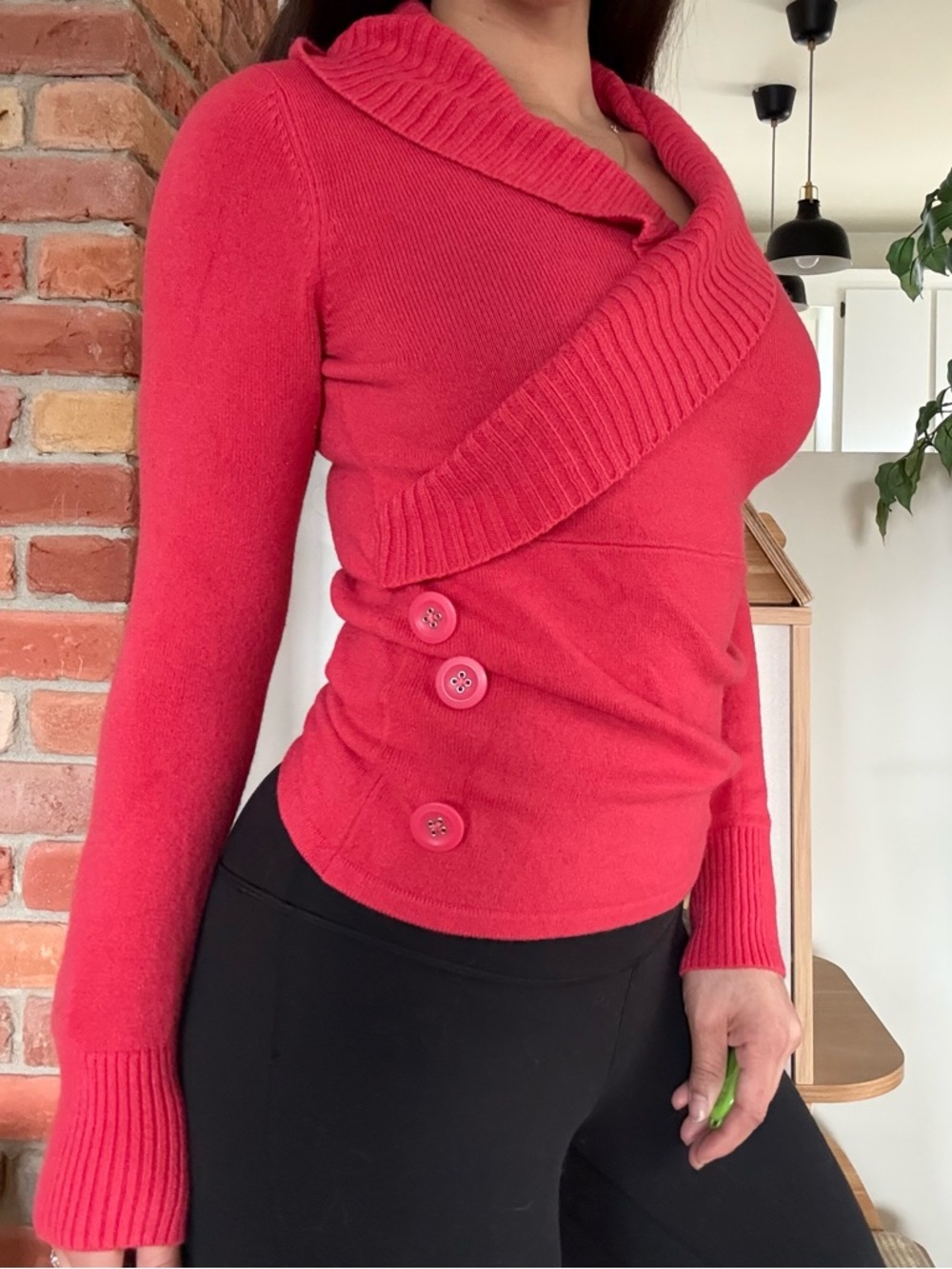 Y2K Red Wrap Sweater Button Detail Fitted Babe Top Coquette